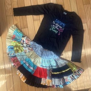 Handmade ruffle patchwork skirt and embroidered top size 5 set.